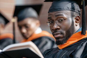 Fototapeta premium Graduates solemnly await their turn to celebrate, showcasing pride and anticipation while holding their diplomas in a classic cap and gown