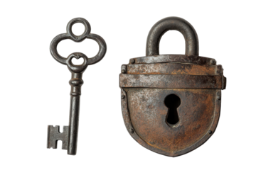 Antique rusty padlock and key a nostalgic glimpse into the past Isolated on white background showing