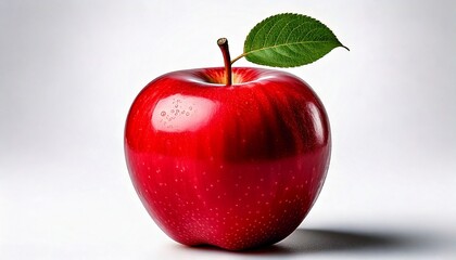 a fresh red apple with a green leaf attached to its stem Isolated on White Background, organic food, fresh food concept