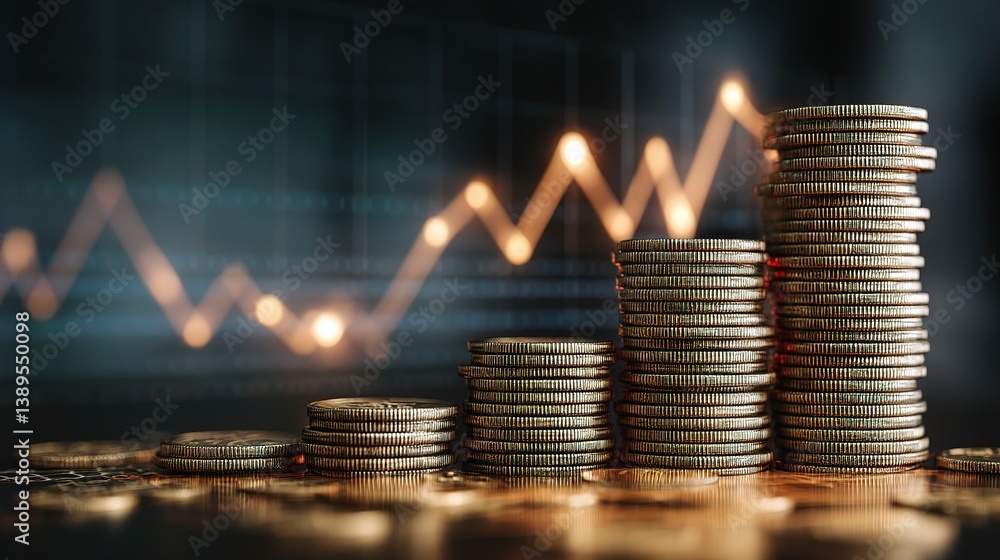 Poster stacked coins representing growing investment with graph background