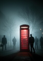 AI-generated illustration of  a red telephone booth in foggy night, surrounded by people