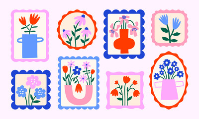 Retro simple florals in vintage frames vector illustration set. Flowers in vases postal stamps