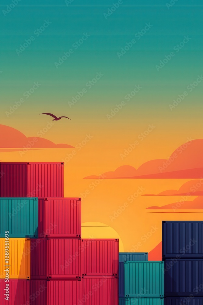Poster a colorful scene of a bird flying over a stack of containers. the image has a vibrant