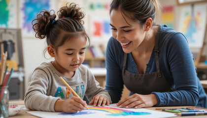 Fototapeta premium Mother and daughter happily painting together in an art classroom 