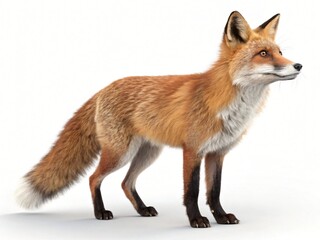 Red Fox Standing Detailed Fur Wildlife Animal Isolated White Background Profile View