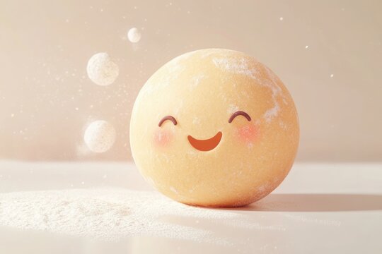 A happy dough ball, dusted with flour, smiles amidst floating flour particles.