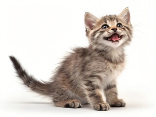 Adorable Tabby Kitten Grey Fur Open Mouth Playful Cute Small Pet White Background