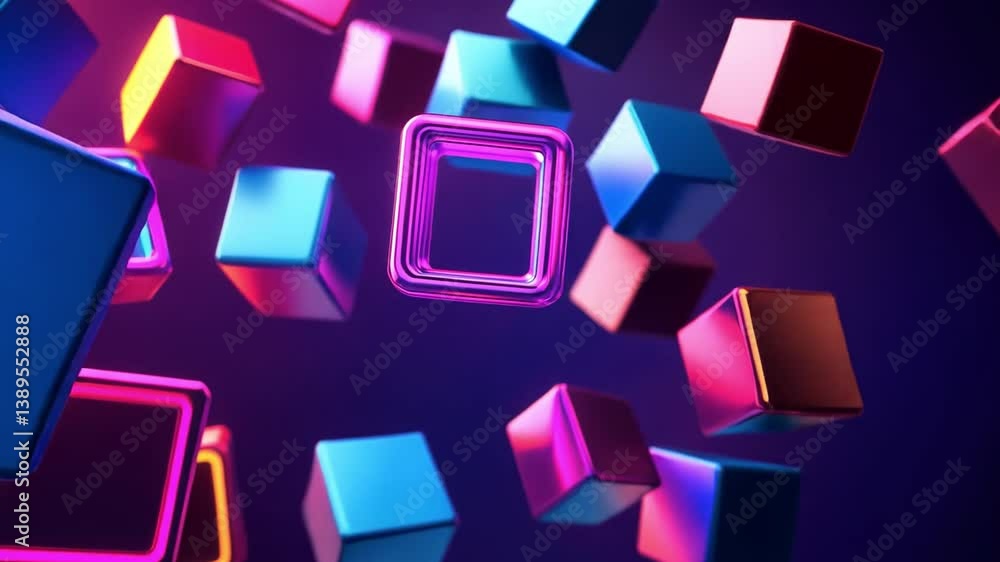 Poster vibrant abstract shapes with neon colors floating in space against a dark background for modern desi
