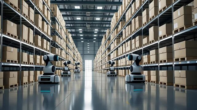 Automated warehouse with robots managing inventory, futuristic storage system with rows of cardboard boxes on shelves.

