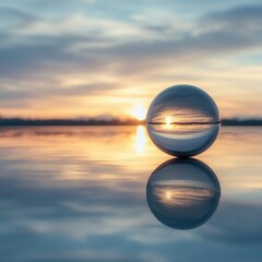 A crystal ball reflecting a serene sunset over calm water.