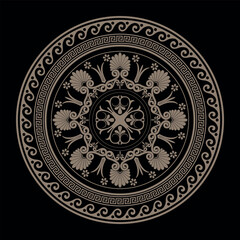 Decorative gold round frame for design with Greek key, meander. Circle frame. Egyptian, Assyrian, Greek motif circular frame. Template for textiles, engraving, forging, embroidery