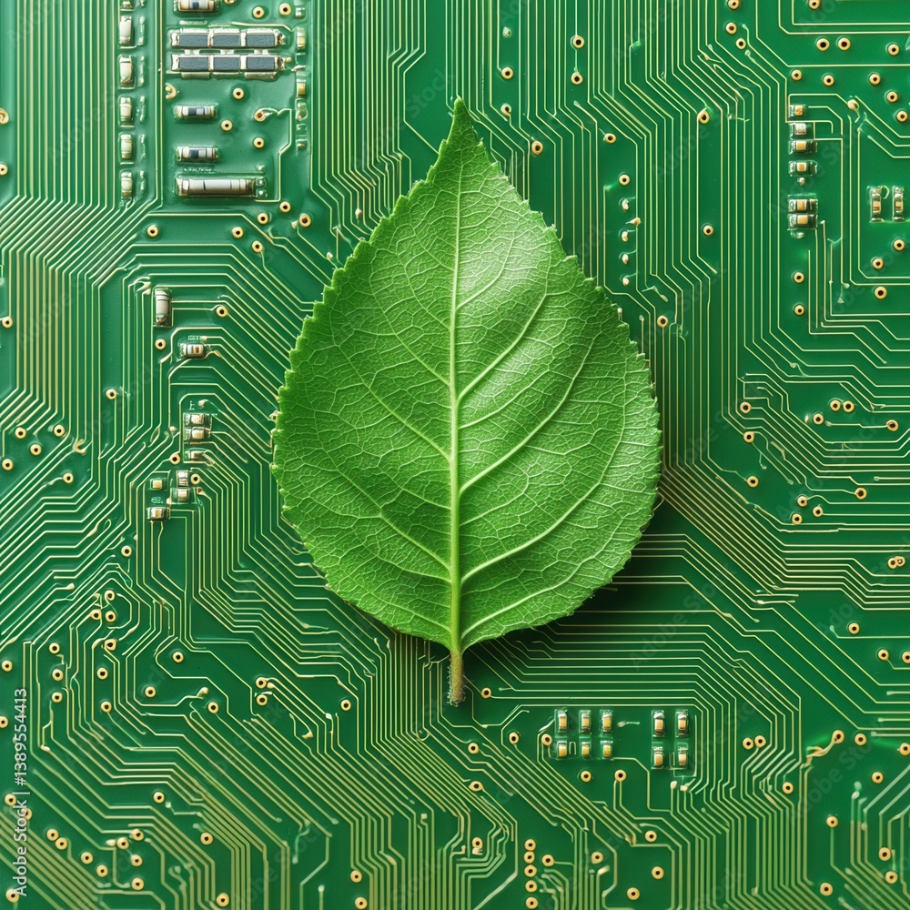 Poster leaf on a circuit board, symbolizing technology and nature integration.