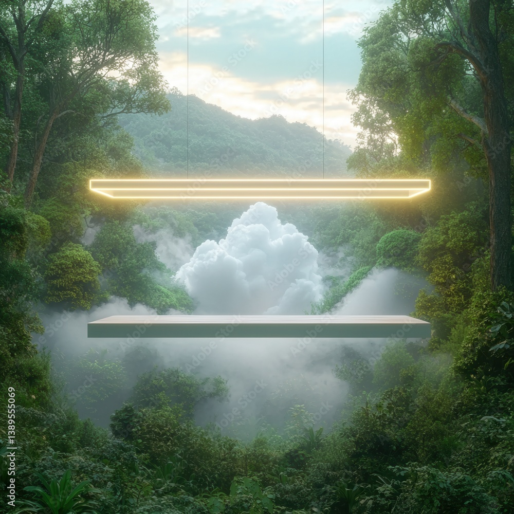 Poster surreal landscape with floating lights and misty forest backdrop.