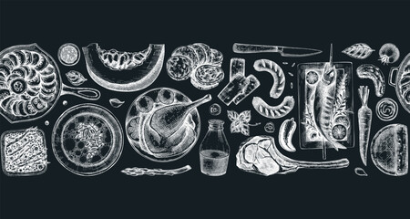 Farm food border design. Hand drawn vector illustrations. Rustic kitchen engraved style chalk drawings. Food seamless pattern. NOT AI generated.