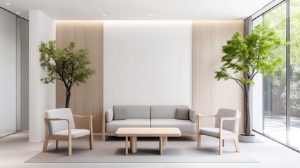 Fototapeta premium Modern minimalist waiting area with light wood accents and a soft color palette. Large windows offer natural light and a view of the outdoors, accented by potted trees.