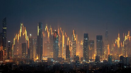 Cityscape with Blended Glowing Forex Graph Lines at Night