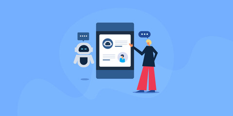 Automate conversational marketing, customer having a dialogue with AI chatbot using mobile device in real time. 