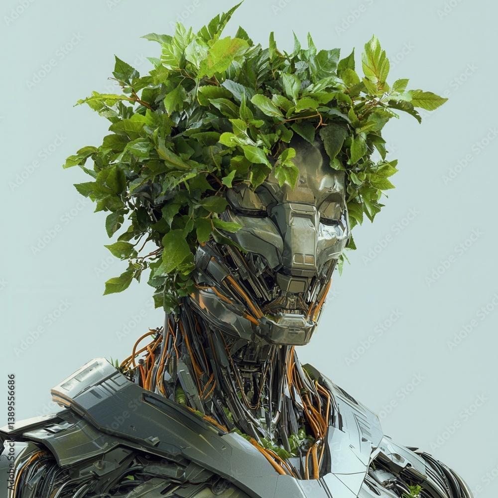 Poster robot figure adorned with greenery, symbolizing nature and technology.