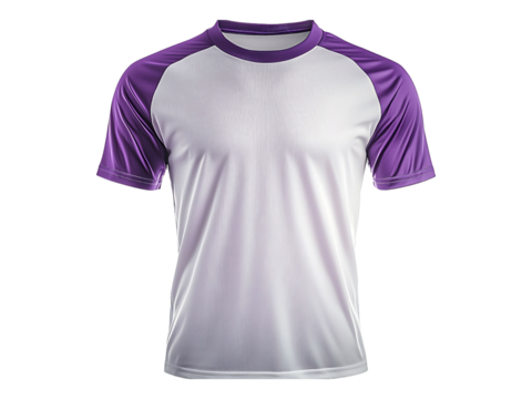 Sporty raglan tshirt mockup, perfect for showcasing designs or branding.  Clean white body with vibrant purple sleeves offers a modern, athletic aesthetic.
