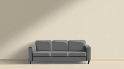 Grey sofa against beige wall with sunlight.
