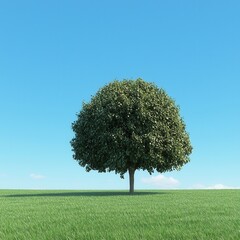 Lone tree under a clear blue sky in a grassy field.