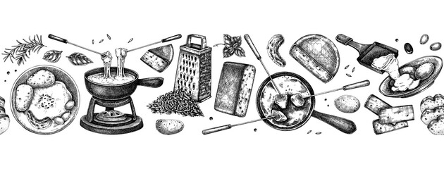 Swiss cheese borded design. Vintage food seamless background. Fondue and raclette sketches. Hand drawn vector illustration. NOT AI generated