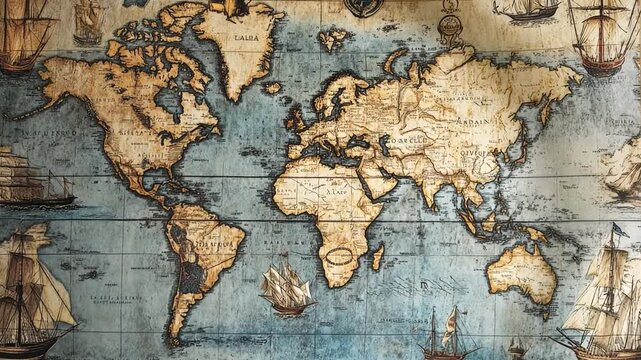 Vintage World Map with Decorative Sailing Ships and Antique Style Illustrations of Continents and Oceans for Travel and Exploration Themes