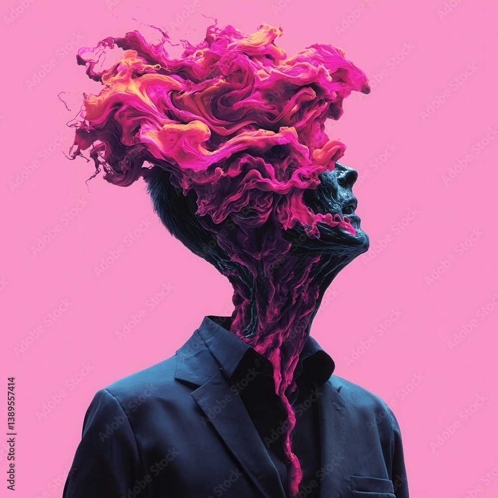Poster surreal art of a man with colorful abstraction for a head.