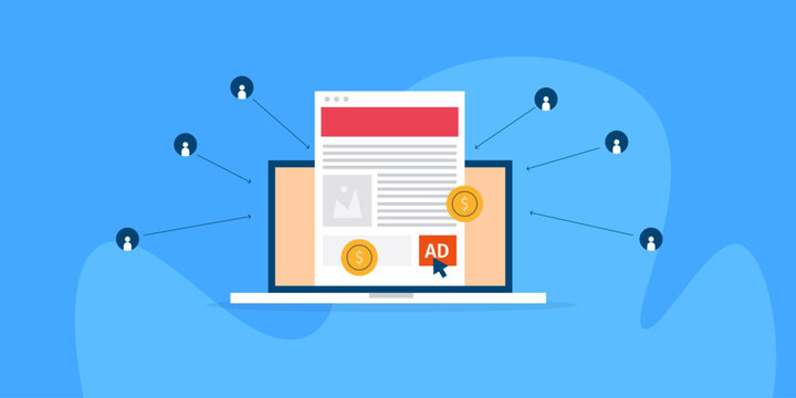 Paid advertising sending web traffic visitors to website landing page, online business promotion concept.