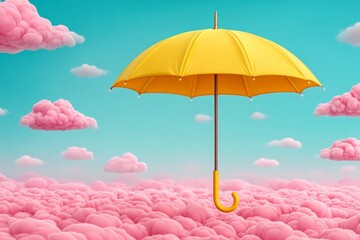 A whimsical yellow umbrella floating in a dreamy pastel-colored sky