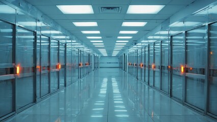 A long shot of a clean room featuring a blaring alarm with no visible danger, captured in vivid lighting. The sterile environment showcases modern design and reflective surfaces.