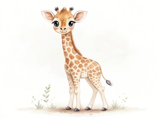 Obraz premium Adorable Baby Giraffe Watercolor Illustration Cute Safari Animal Nursery Decor