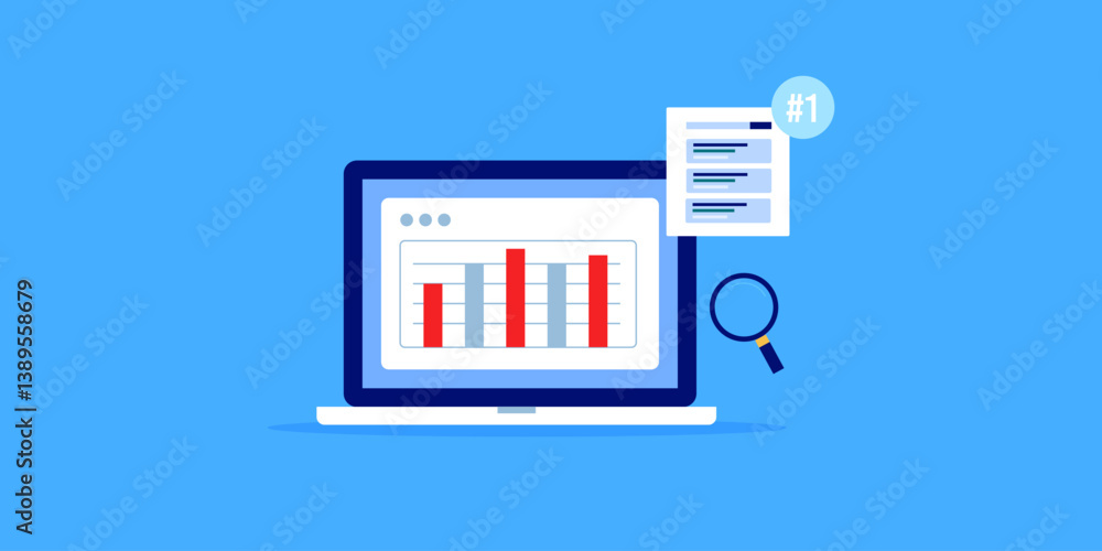 Poster web traffic weekly report graph display on laptop screen, search engine ranking, website position on