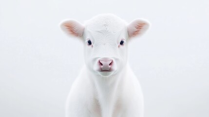 Fototapeta premium White Calf Minimalist Portrait Style High-Resolution Soft Lighting Frontal Close-up View Pure White Fur Gentle Gaze White Background Serene Mood Ideal for Animal Prints