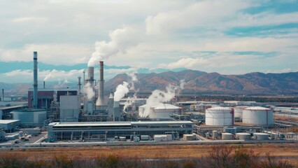 Industrial plant showcasing low emission exhaust in a clean environment, set against a mountainous backdrop, captured in a long shot.