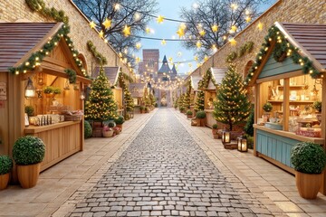 Fototapeta premium An outdoor Christmas market with glowing lights, gift stalls, and people shopping