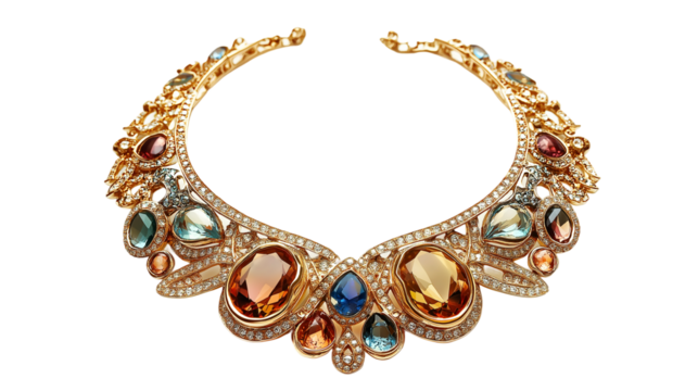 colourful necklace , gold with diamonds isolated on white background , transparent png
