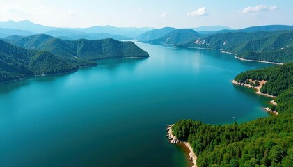 Fototapeta premium Irregular shaped lake with winding shoreline and islands, irregular, shoreline