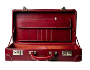 Elegant maroon leather briefcase open, showcasing its interior compartments.  A classic symbol of business, travel, and opportunity. Ideal for concepts of success, journey, or new beginnings.