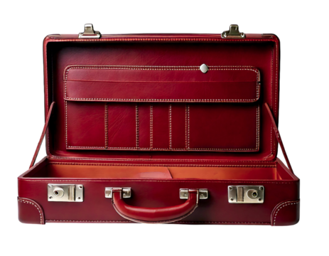 Elegant maroon leather briefcase open, showcasing its interior compartments.  A classic symbol of business, travel, and opportunity. Ideal for concepts of success, journey, or new beginnings.