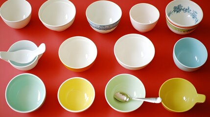 Colorful Bowls and Spoons on Red Background Still Life
