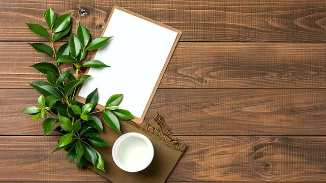 Blank menu on clipboard, greenery, wood table, mockup