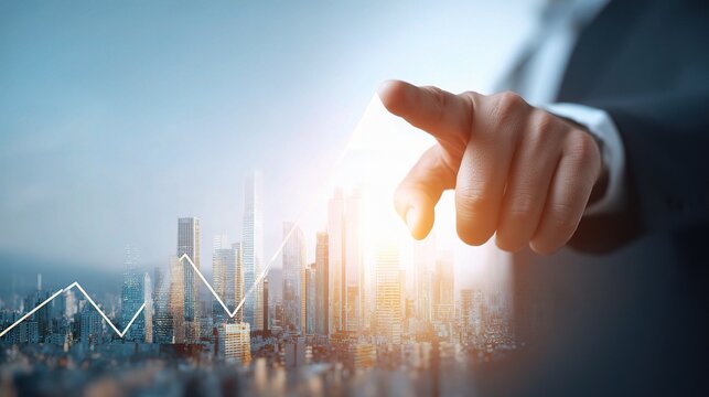 Businessman Pointing at City Skyline with Market Growth Visualization