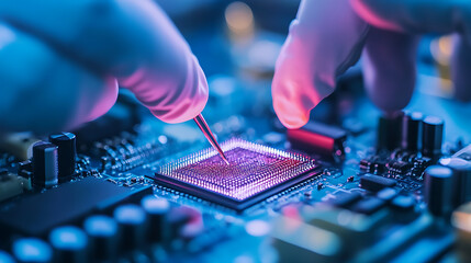 A high tech AI powered semiconductor fabrication plant, engineers overseeing precision chip manufacturing, Industrial tech style