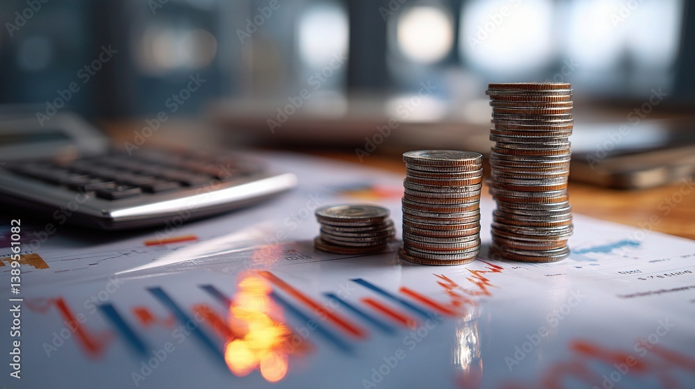 Poster double exposure of financial graphs with coins and stationery objects