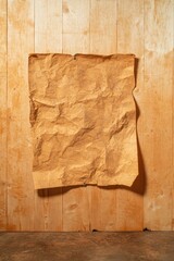 Crumpled paper on wooden background creates rustic, textured aes