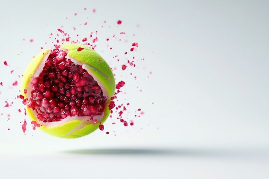 Naklejki Brightly colored tennis ball bursts open, revealing juicy pomegr