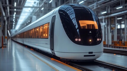 A sleek autonomous train stands ready in a futuristic transport facility, showcasing innovations in logistics, automation, and smart mobility systems, emphasizing efficiency and technology.