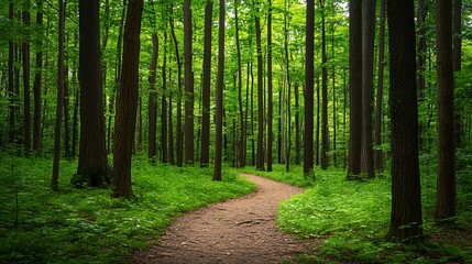 Fototapeta premium Lush green forest with winding trail.