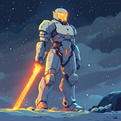A futuristic armored warrior stands holding an ignited energy sword